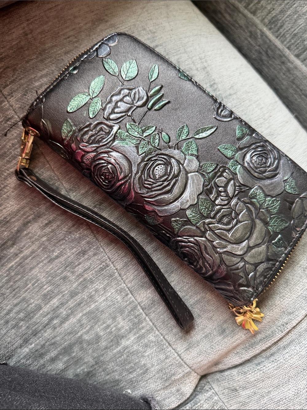 Black Floral Embossed Leather Wristlet Wallet - Women